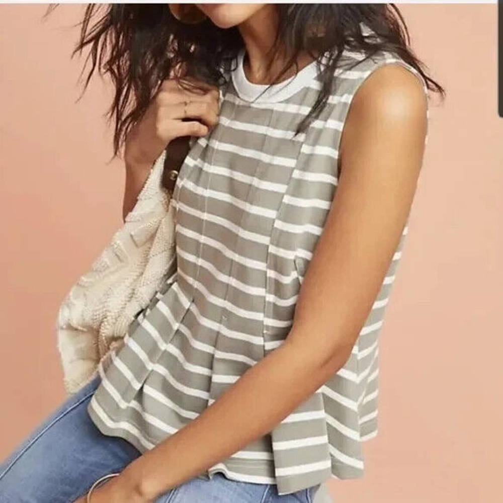 NWT Anthro Postmark Striped Pleated Peplum Top XS Clean Girl Preppy Chic Brunch - Picture 3 of 11